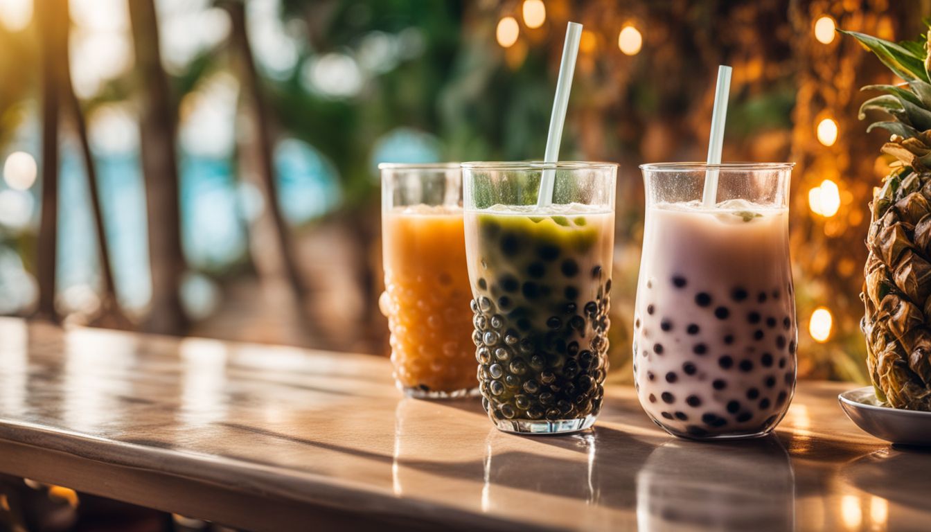 A glass of bubble tea with crystal boba and tapioca pearls.