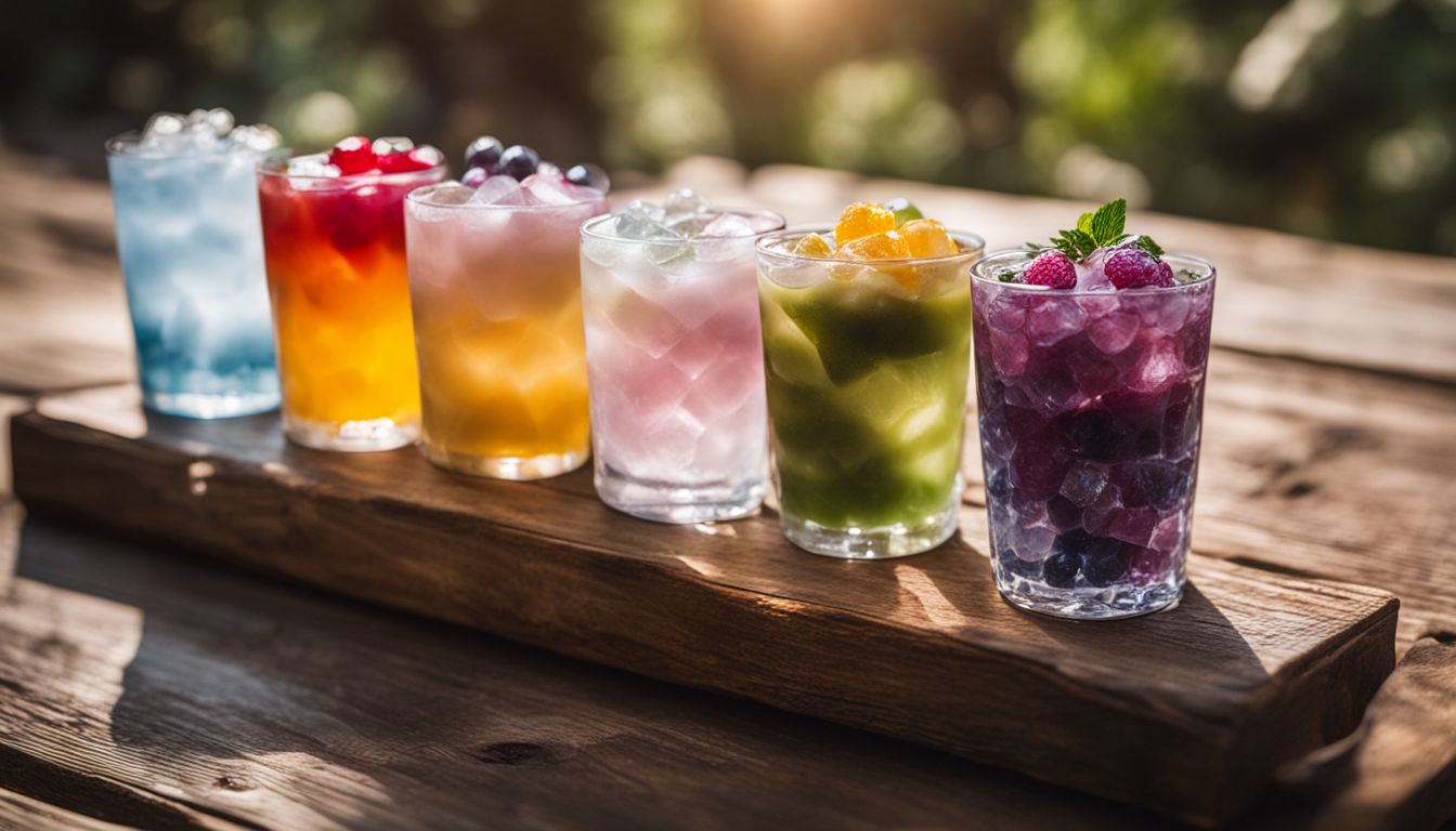 A variety of colorful crystal boba flavors displayed on a wooden table.
