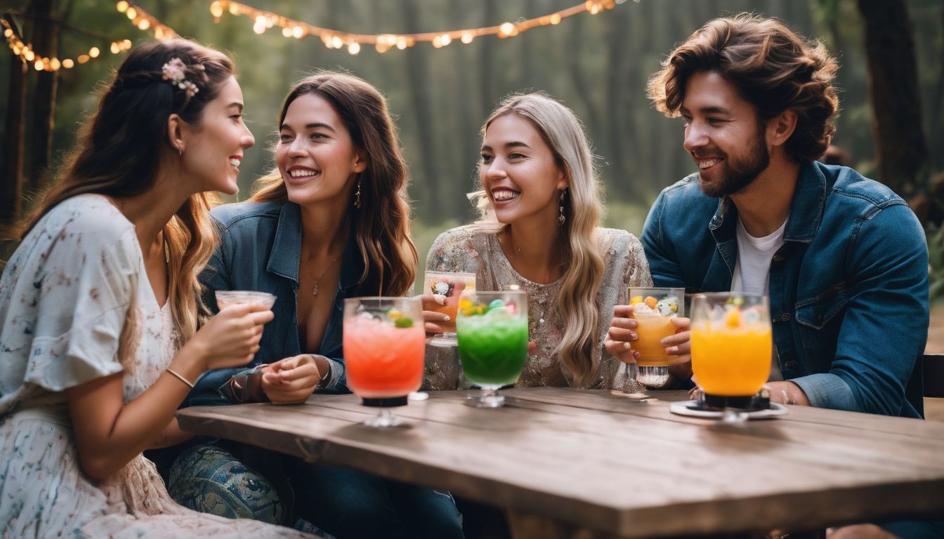 A group of friends enjoying crystal boba drinks and colorful decorations.
