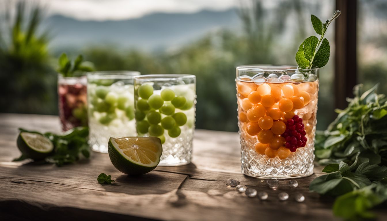 A glass of crystal boba pearls surrounded by fresh fruits and herbs.