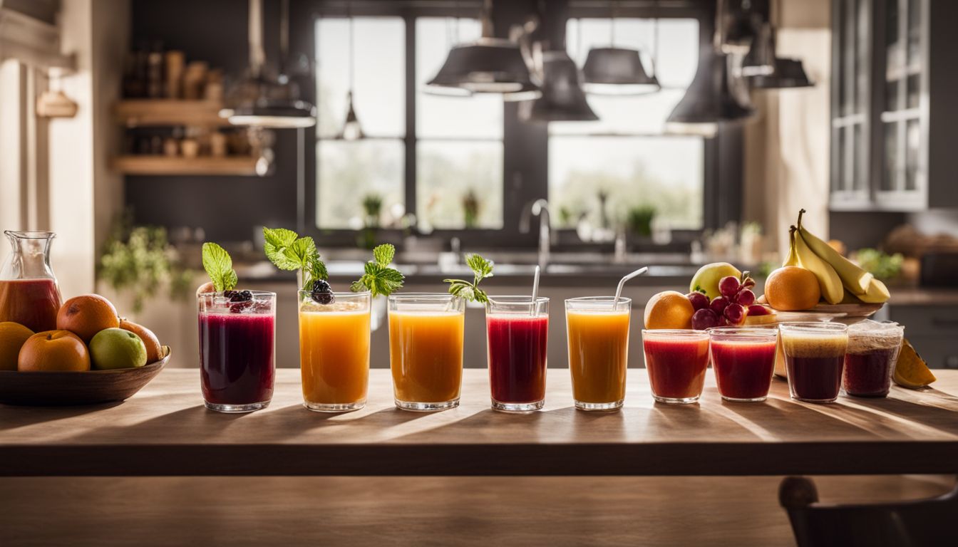 An array of colorful fruit juices and brown sugar in a vibrant kitchen.