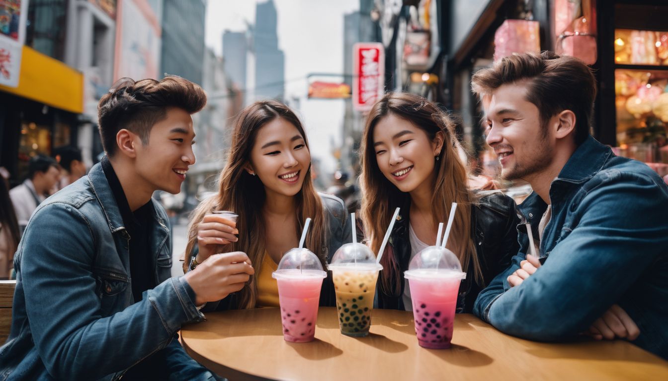 A diverse group of friends enjoying crystal boba at a colorful bubble tea shop.