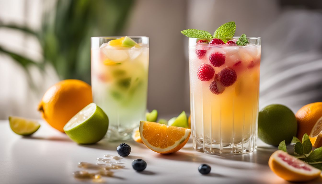 A photo of white crystal boba in citrus drink with fruit toppings.