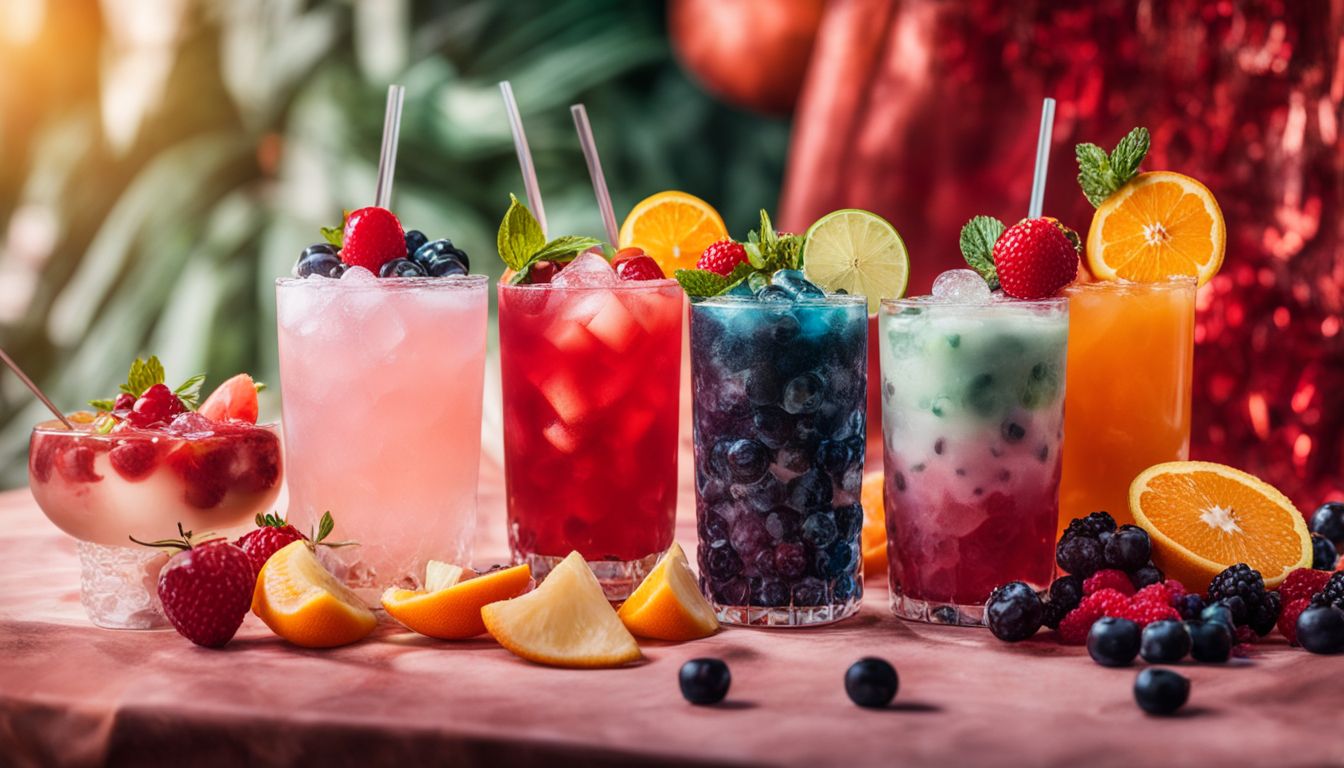 Colorful mixed drinks with boba and fruit in a bustling setting.