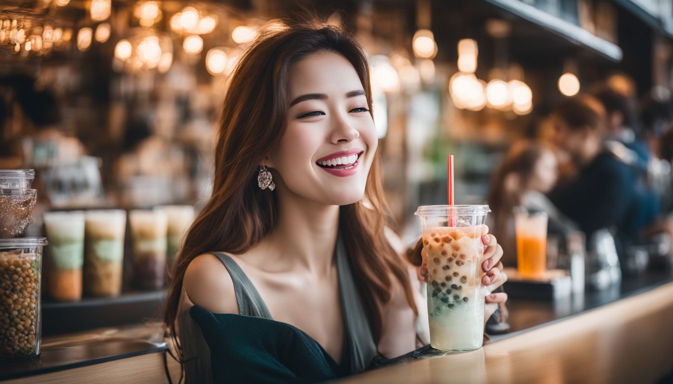 A young woman enjoys flavored crystal boba in a vibrant tea shop.