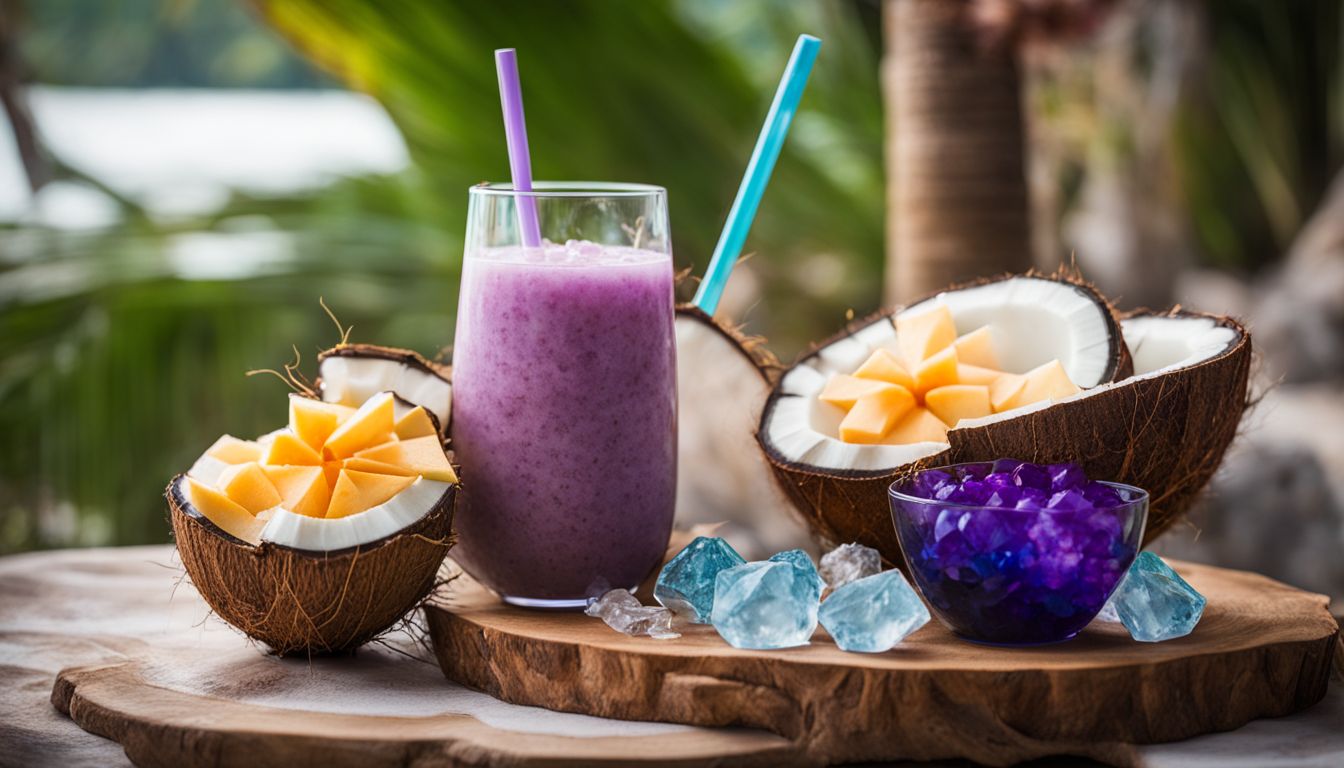 A photo of colorful boba drinks in a tropical setting.