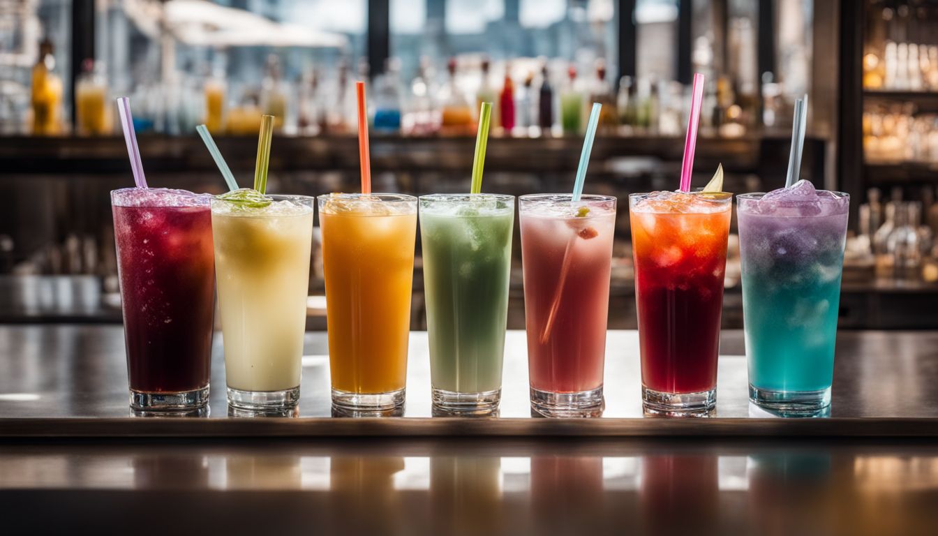 A variety of crystal boba drinks displayed on a modern cafe counter.