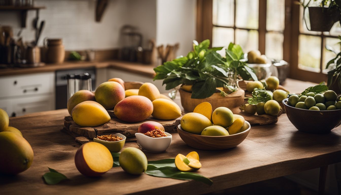 A photo of ripe mangoes and fresh ingredients arranged on a kitchen counter.