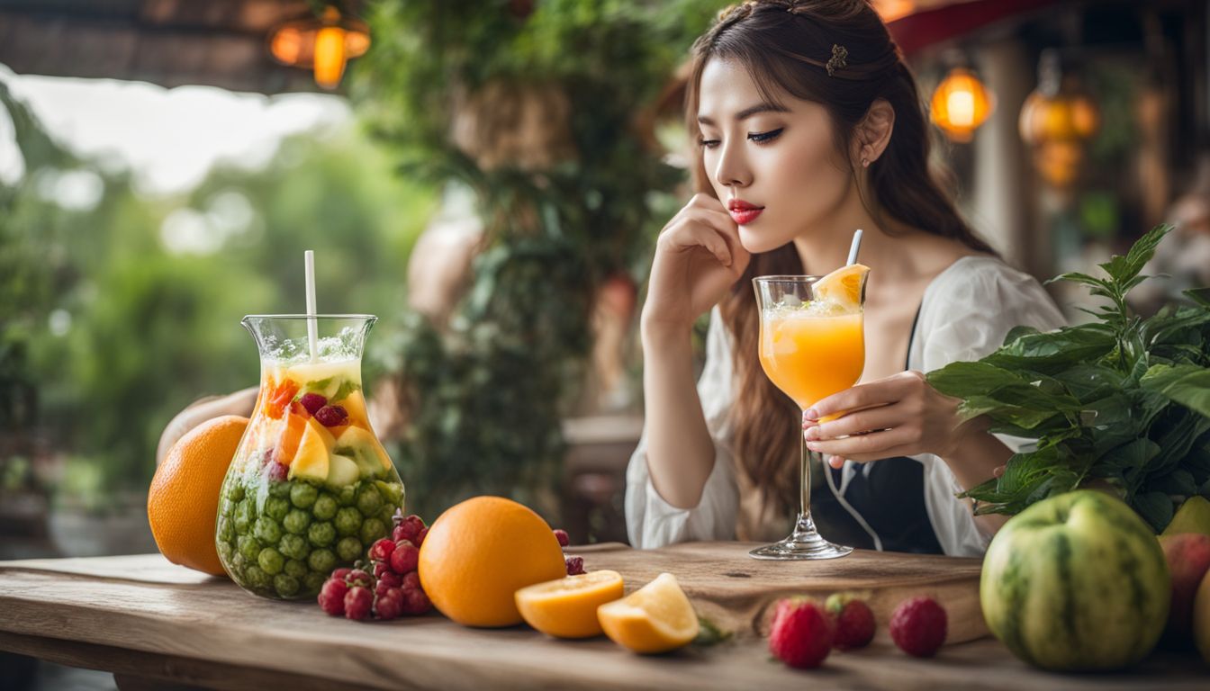 A glass of boba tea surrounded by colorful fruits and plants.