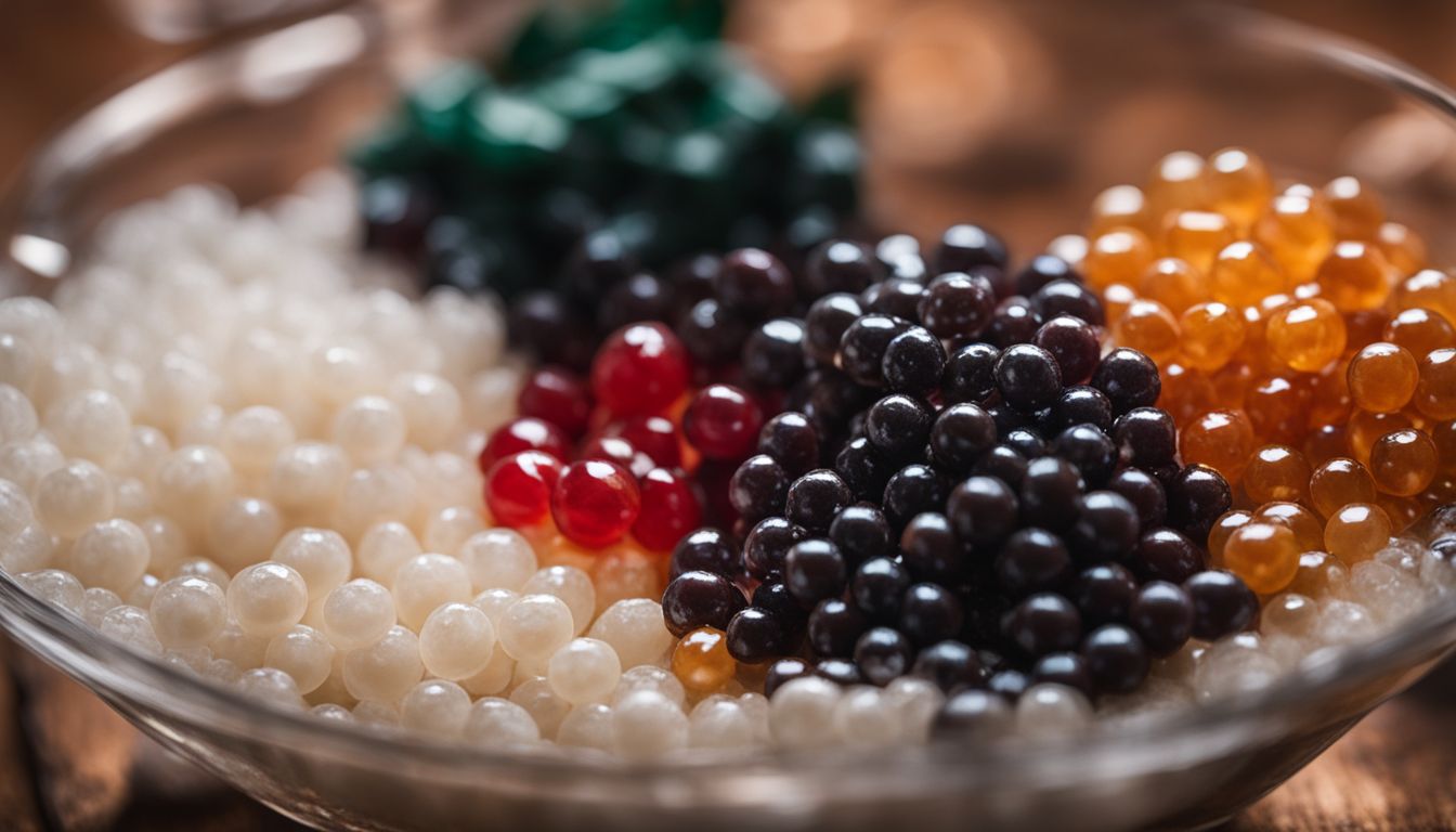 A balanced scale with crystal boba and tapioca pearls.