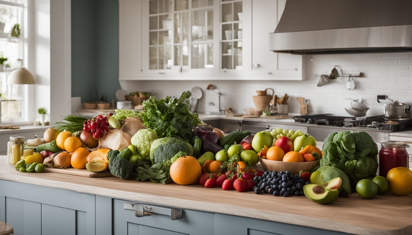 A colorful assortment of fresh fruits and vegetables on a kitchen counter.