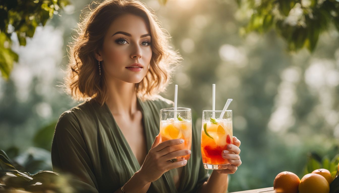A woman enjoying a refreshing boba drink surrounded by fresh fruits.