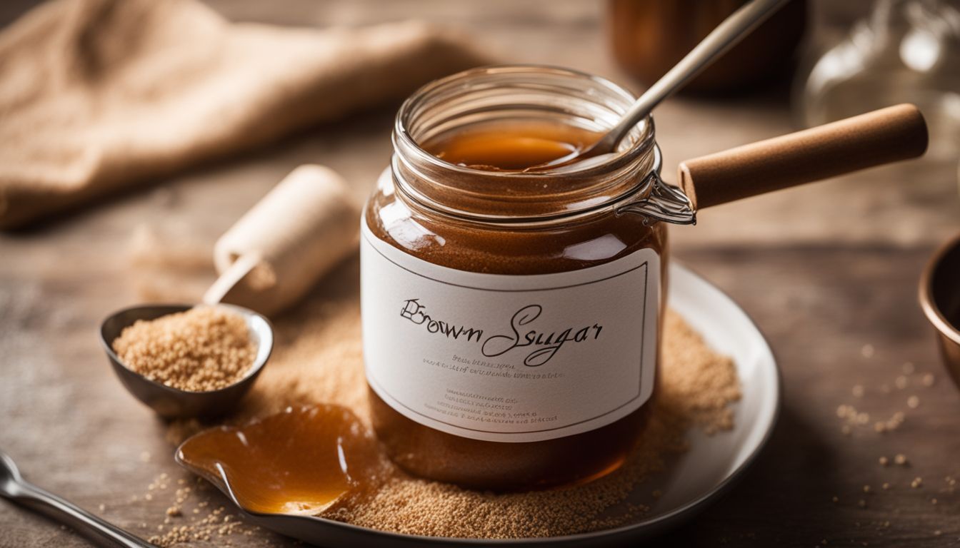 A close-up of a jar of homemade brown sugar syrup and ingredients.