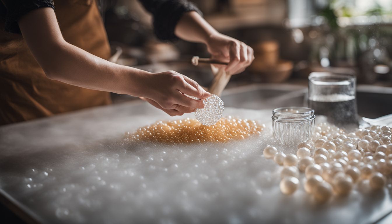 Hands making crystal boba pearls in a bustling kitchen.
