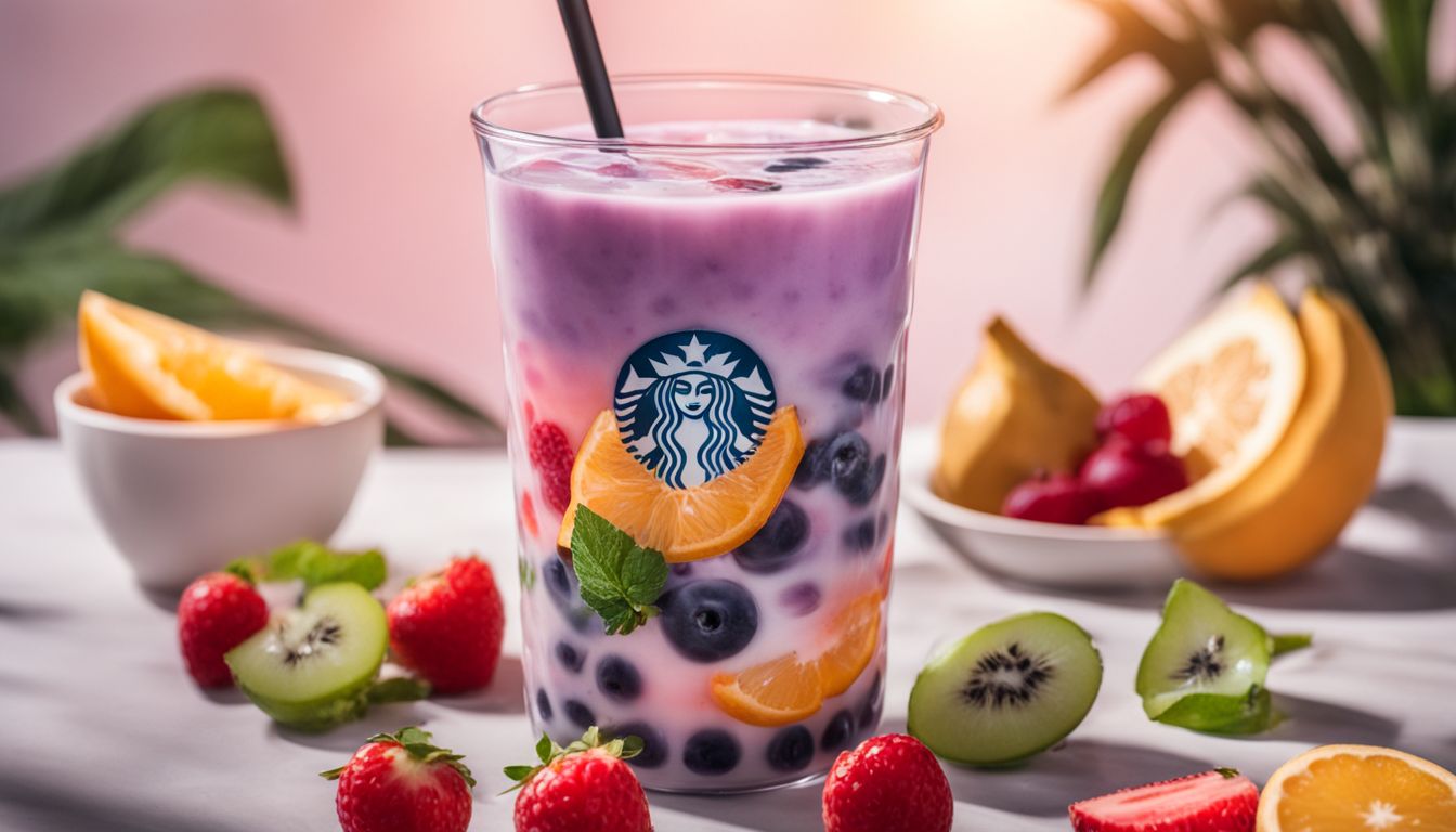 A glass of colorful fruity bubble tea surrounded by vibrant fresh fruit.