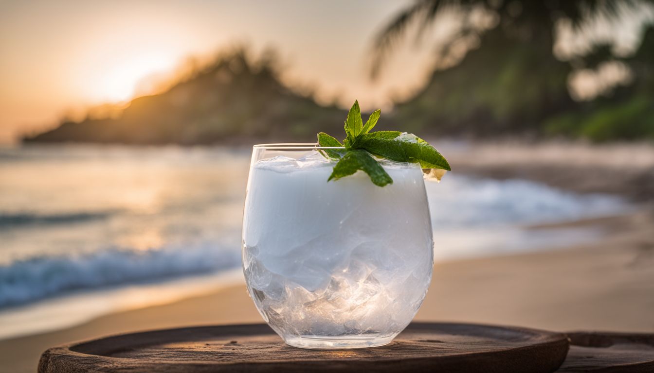A photo of crystal boba with a tropical beach background.