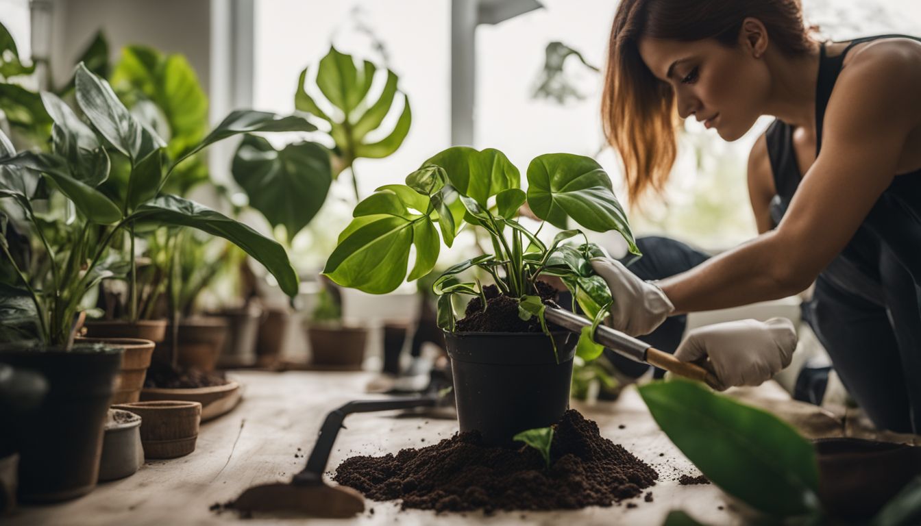A philodendron being repotted with gardening tools in the background.