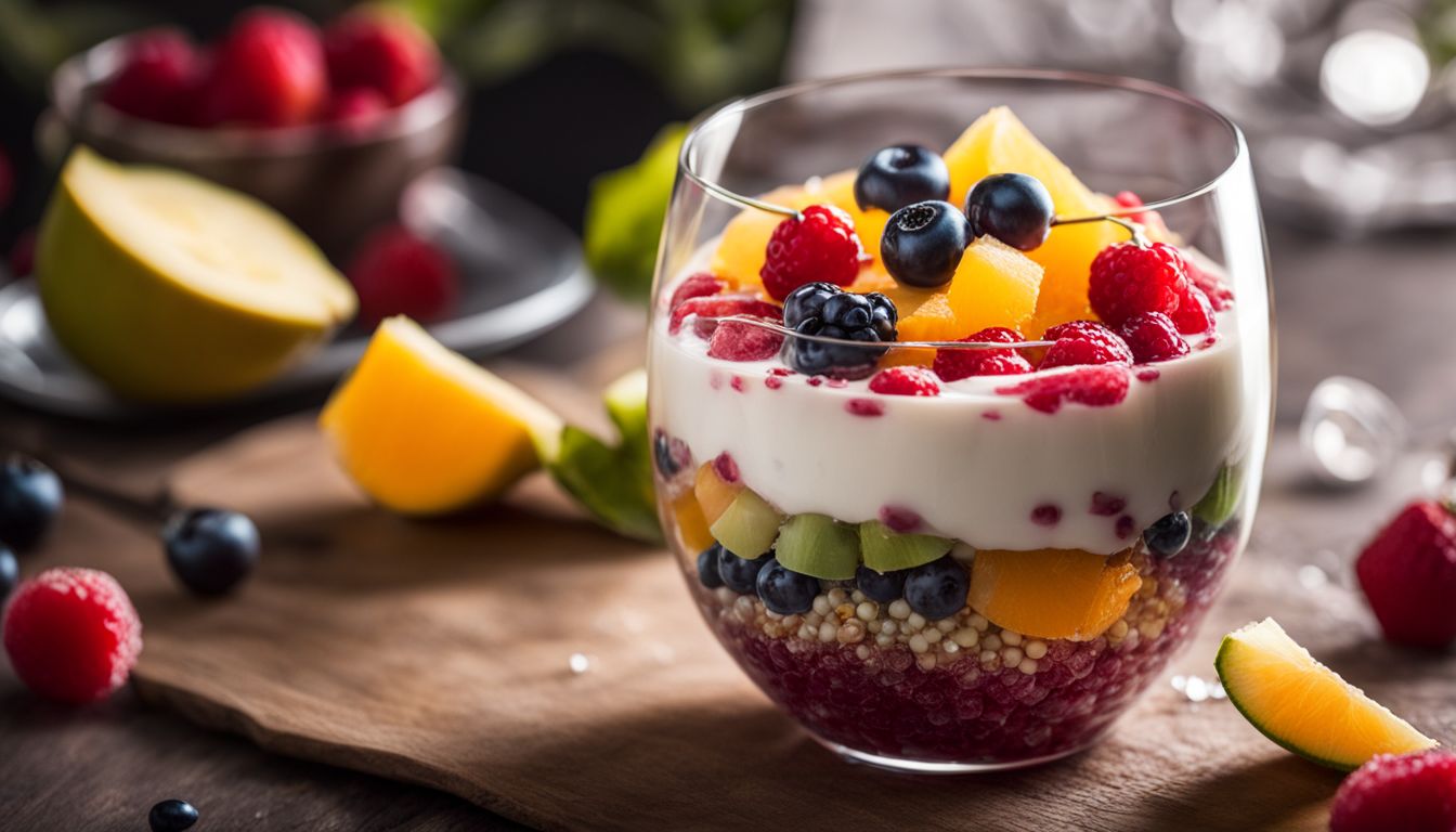 A photo of crystal boba pearls on a colorful fruit parfait.
