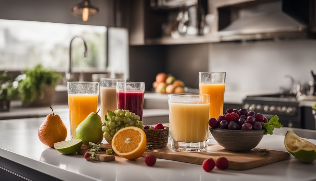 A close-up photo of fruit juice and ingredients in a modern kitchen.