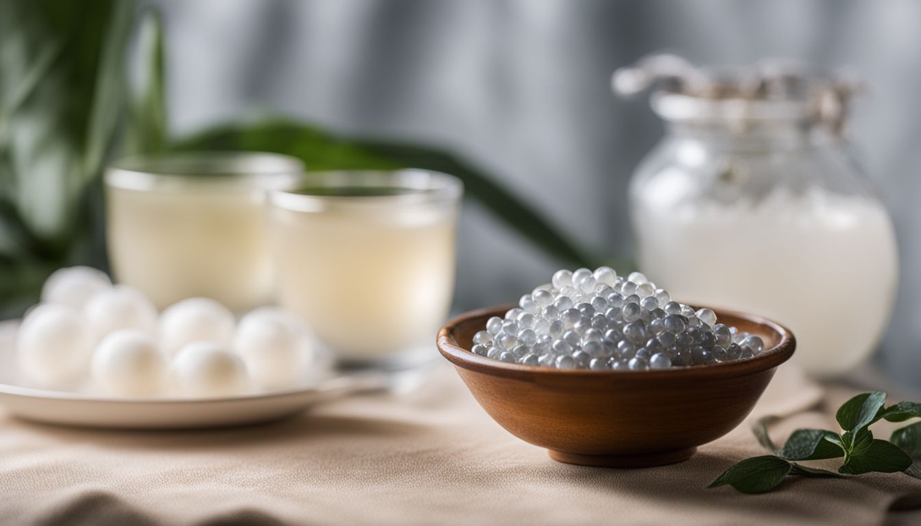 A close-up photo of crystal boba with fresh konjac plant and tapioca pearls.