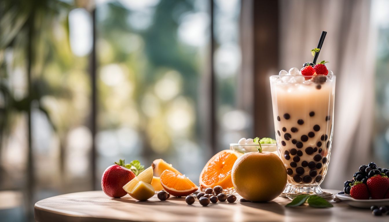 A refreshing glass of boba tea with fresh fruit and snacks.