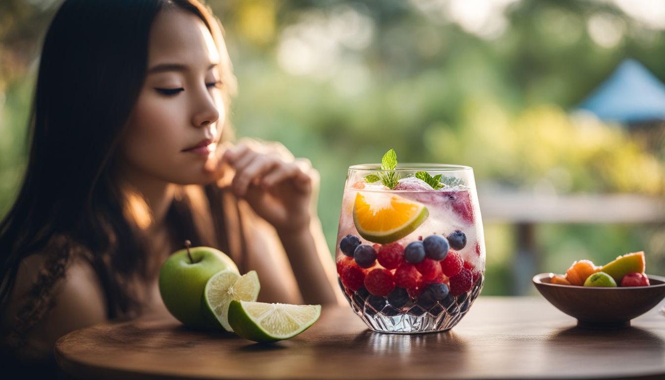 A glass of crystal boba surrounded by fresh fruits in a bustling atmosphere.