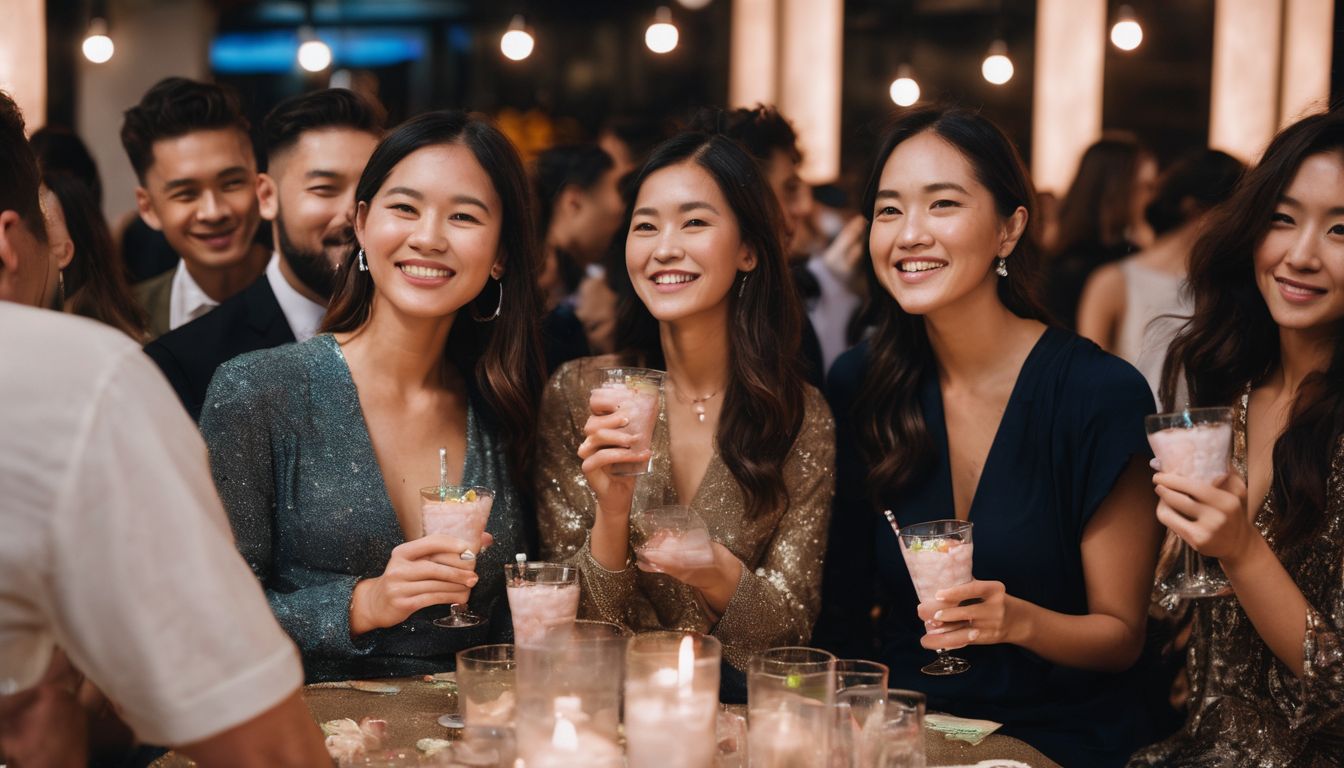 A group of guests holding personalized crystal boba-themed party favors.