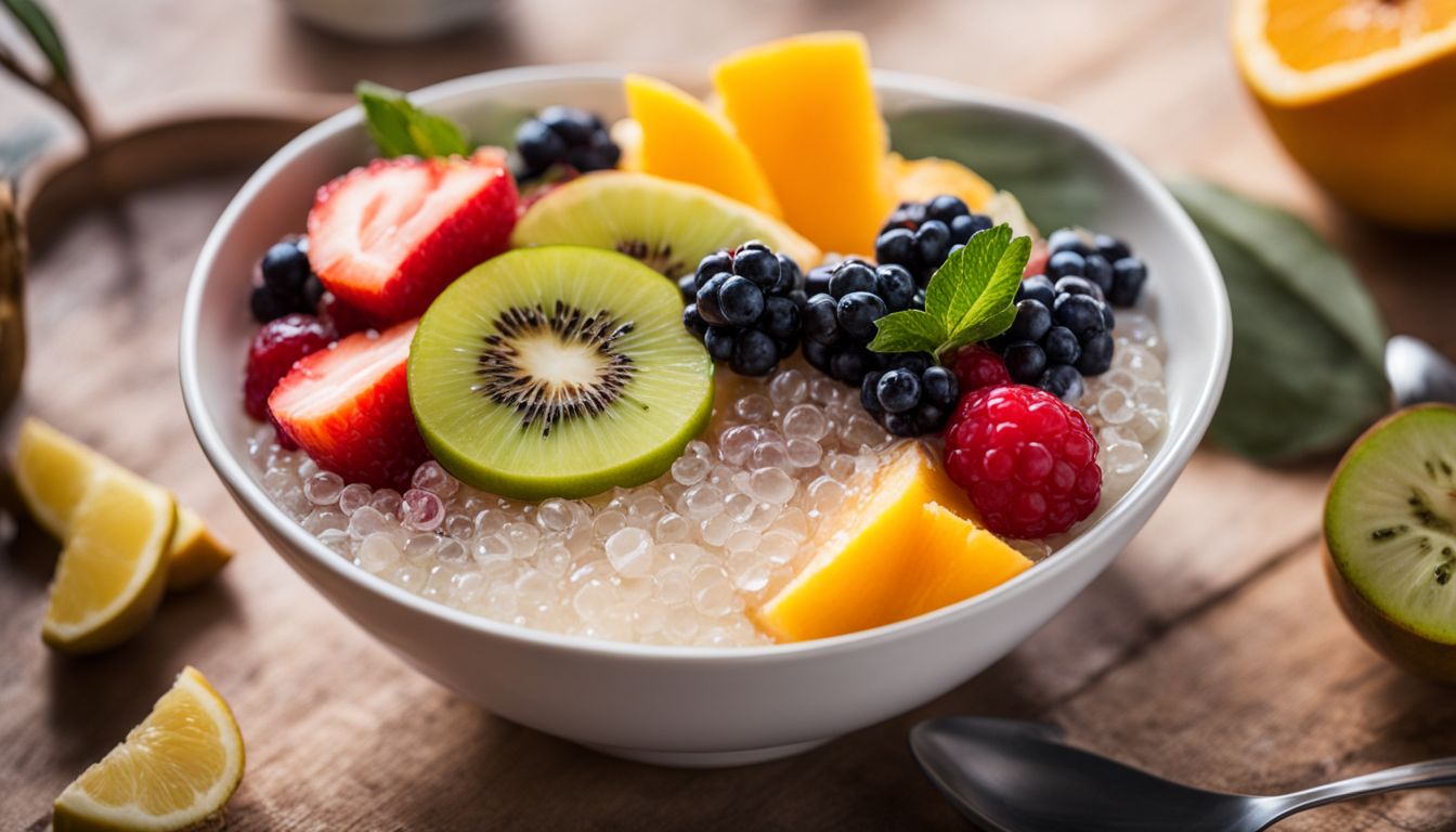 A bowl of crystal boba surrounded by tropical fruits and diverse people.
