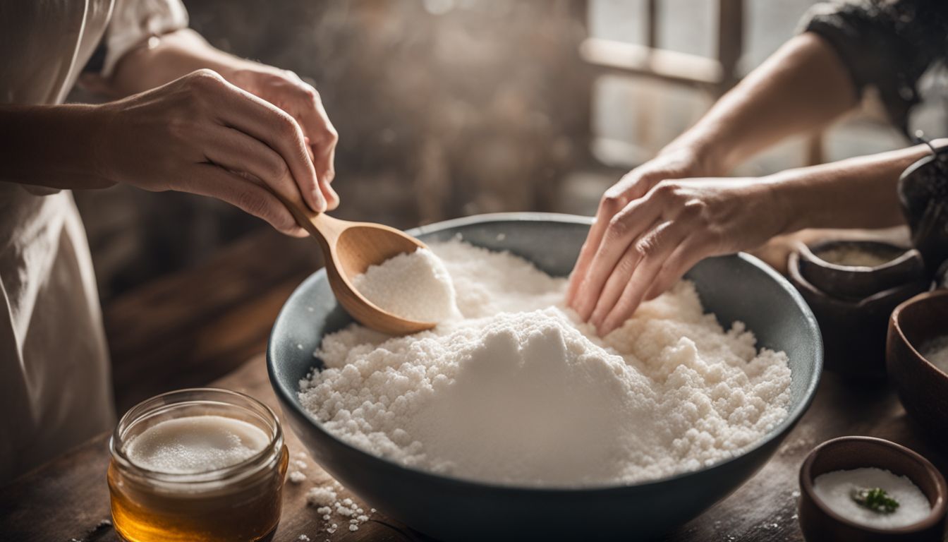 A person mixing tapioca starch in a bowl surrounded by food ingredients.