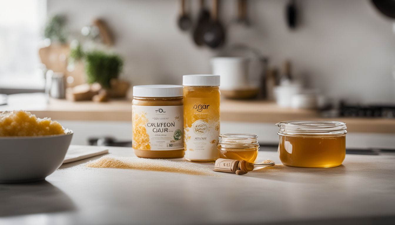 A photo of agar powder and zero sugar honey on a kitchen countertop.