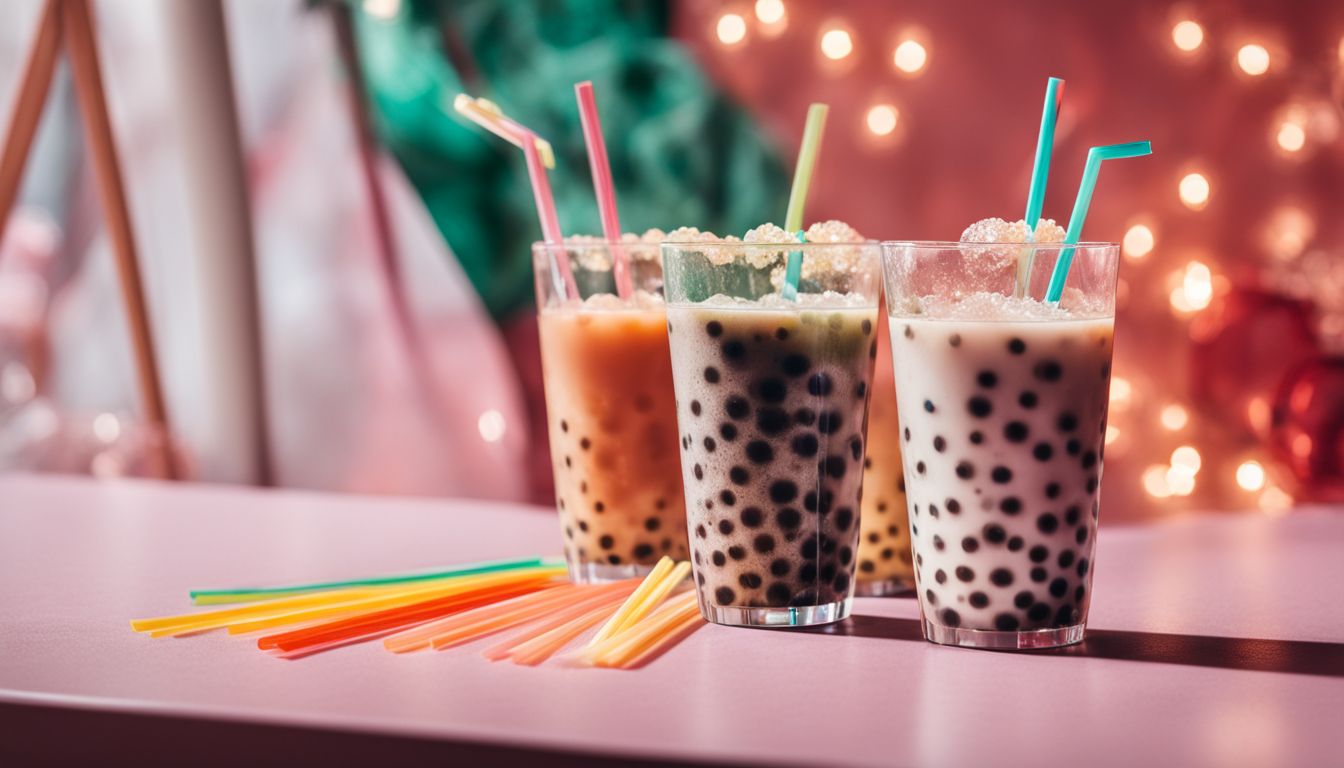 Clear tapioca pearls in boba tea with colorful straws and drinks.