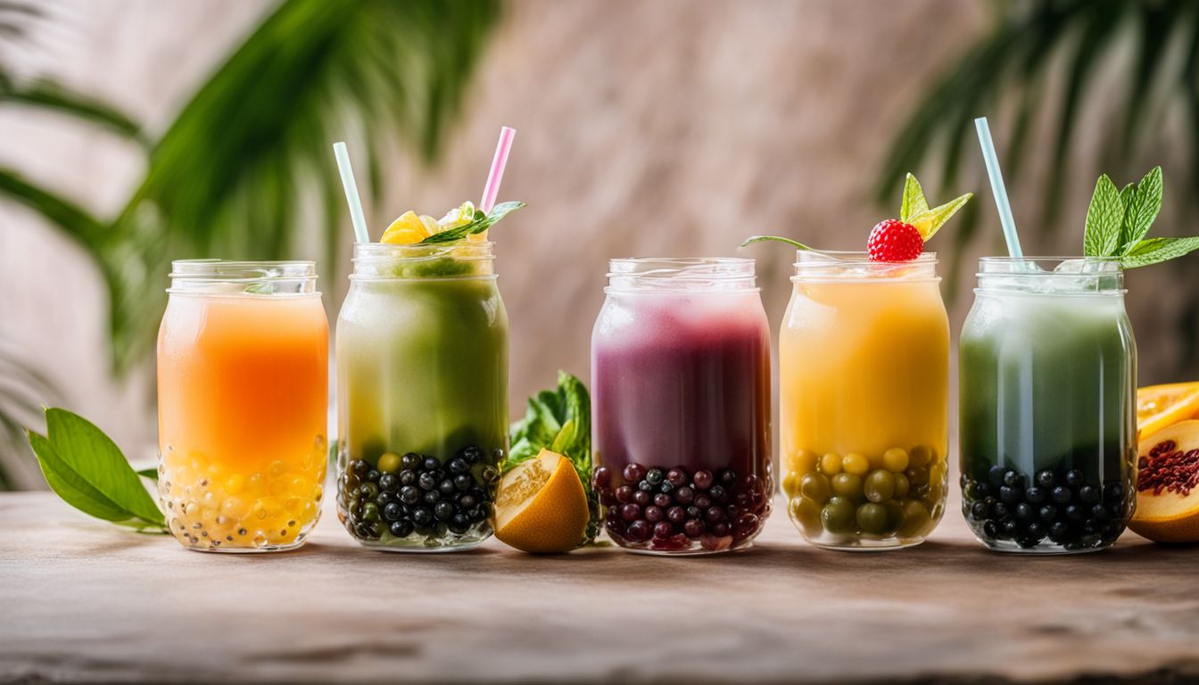A colorful variety of bubble tea drinks with crystal boba pearls.