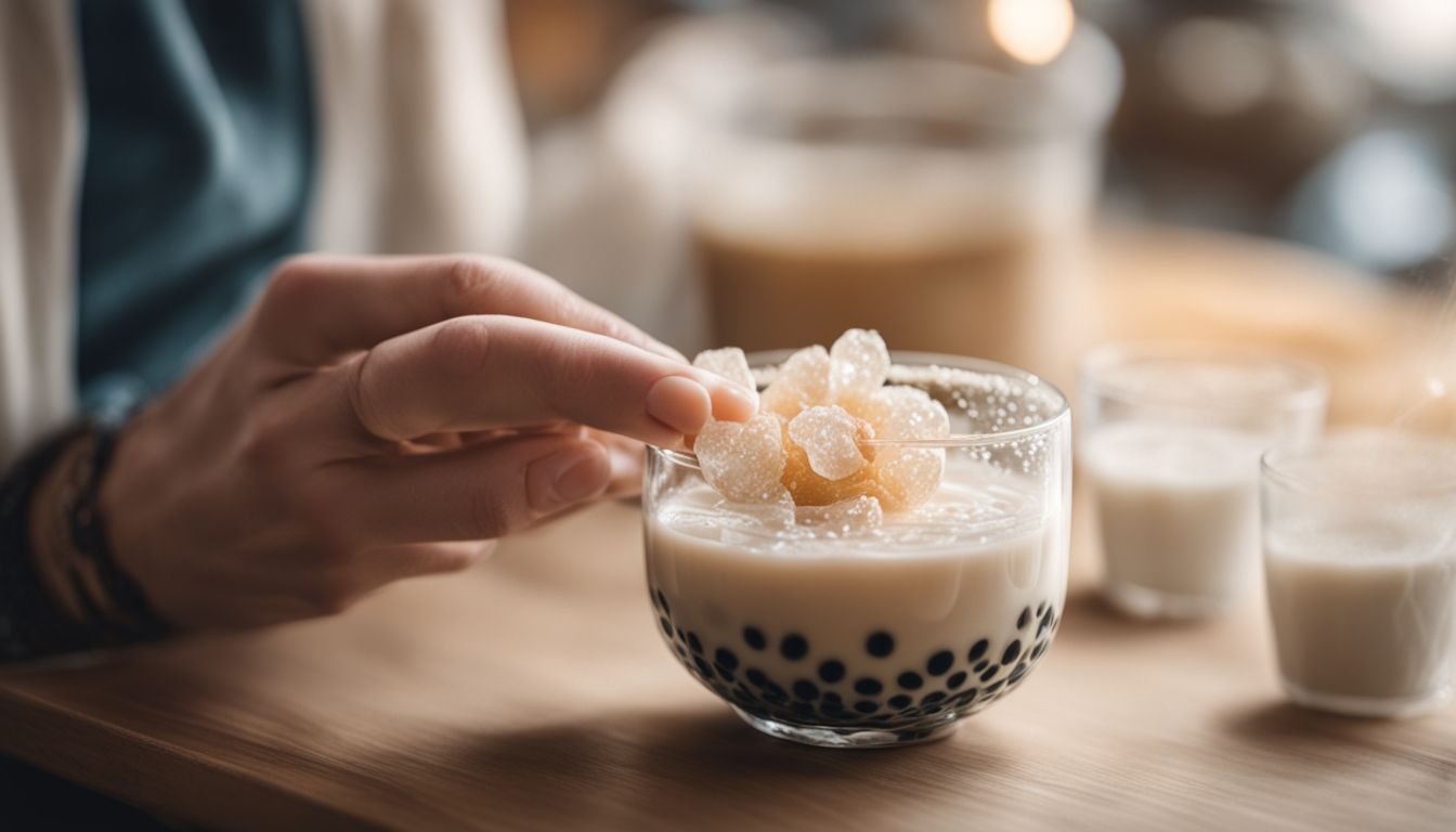 A hand holding a cup of crystal boba surrounded by natural sweeteners and alternative milks.
