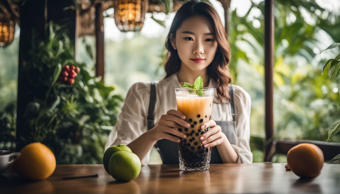 A glass of crystal boba tea surrounded by fresh fruit and greenery.