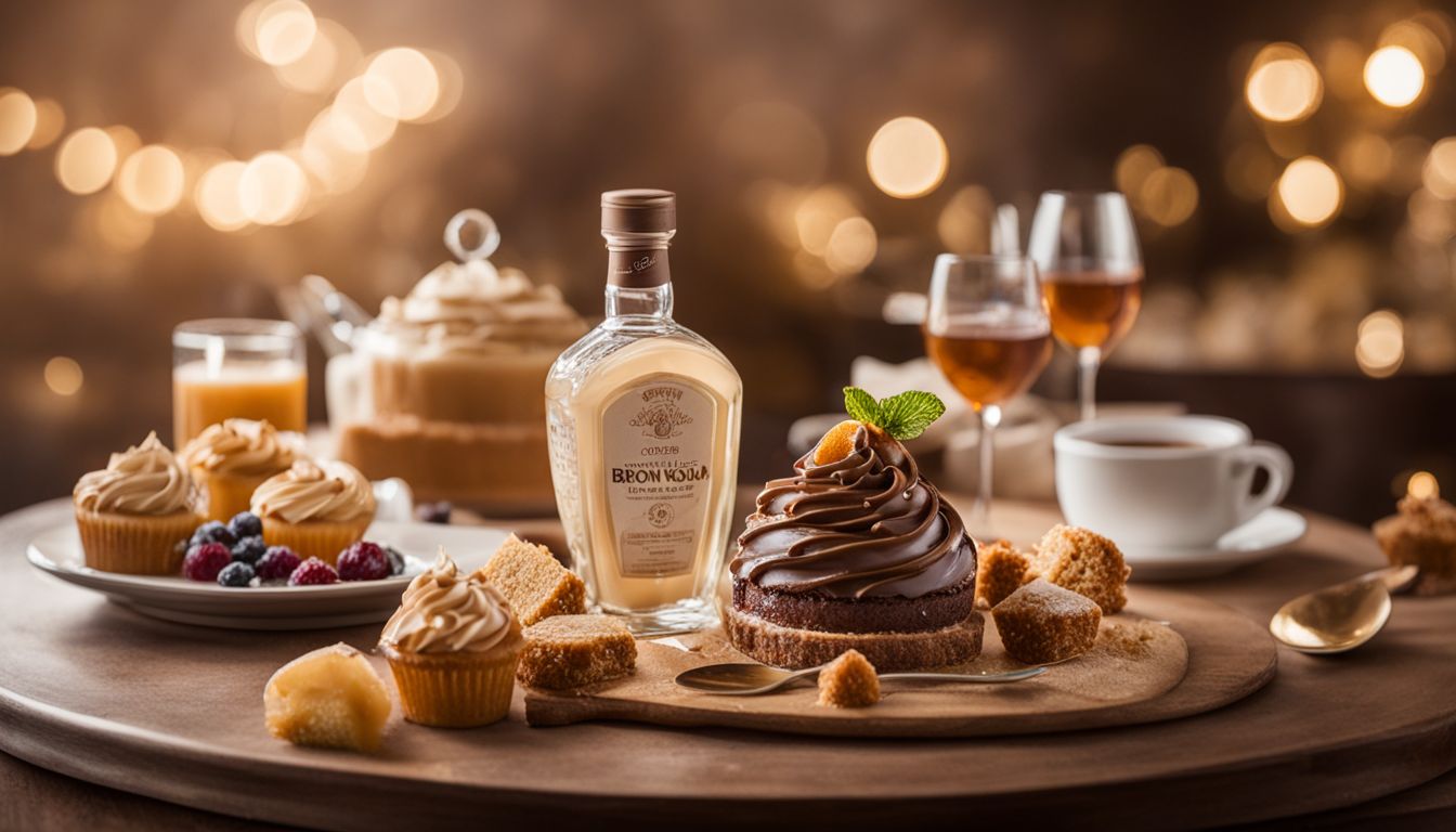 A bottle of premium brown sugar syrup surrounded by delicious desserts and diverse people.