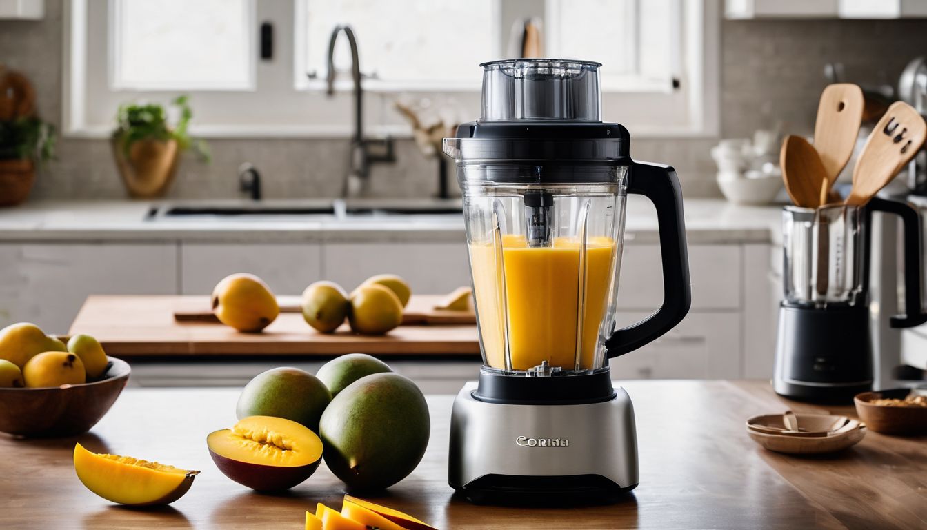 A photo of sliced ripe mango being prepared in a blender with kitchen utensils.