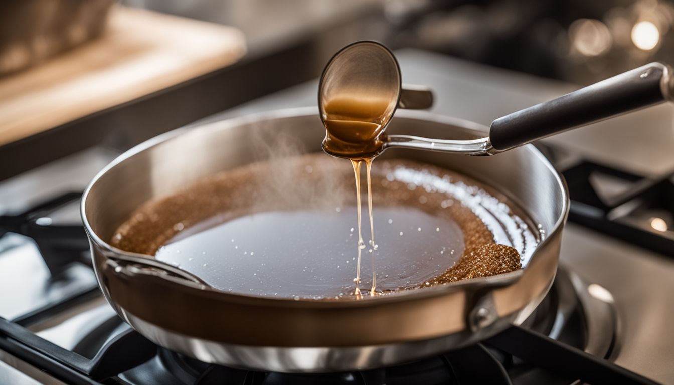 A close-up of a simmering pot of brown sugar syrup on a modern stovetop.