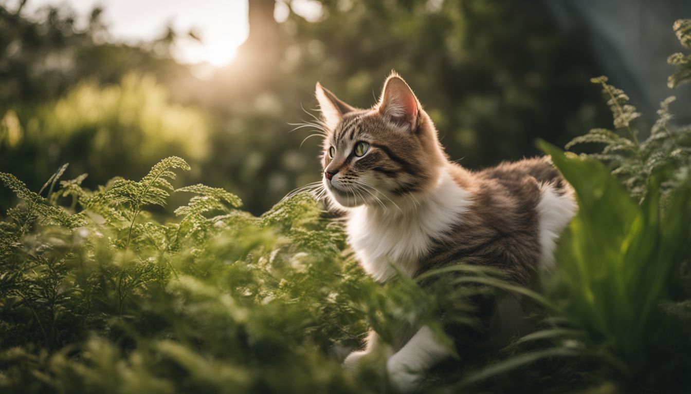A cat plays near a safe plant in a lush environment.
