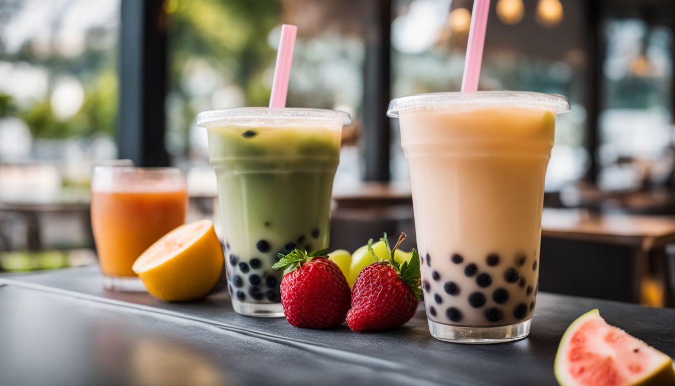 A glass of bubble tea with qbubble crystal boba surrounded by colorful fruits.