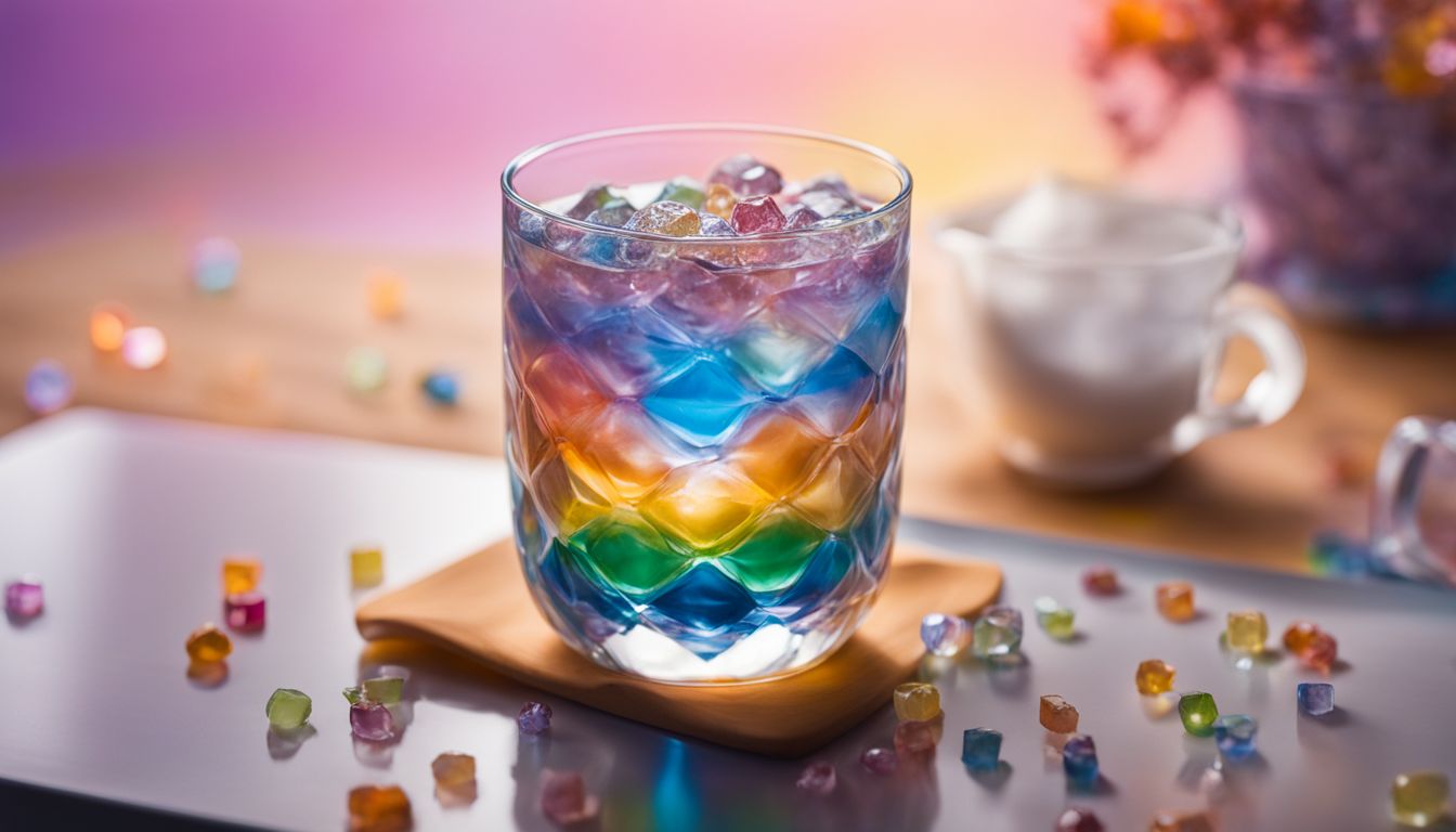 A photo of rainbow crystal boba in a clear glass with a colorful background.