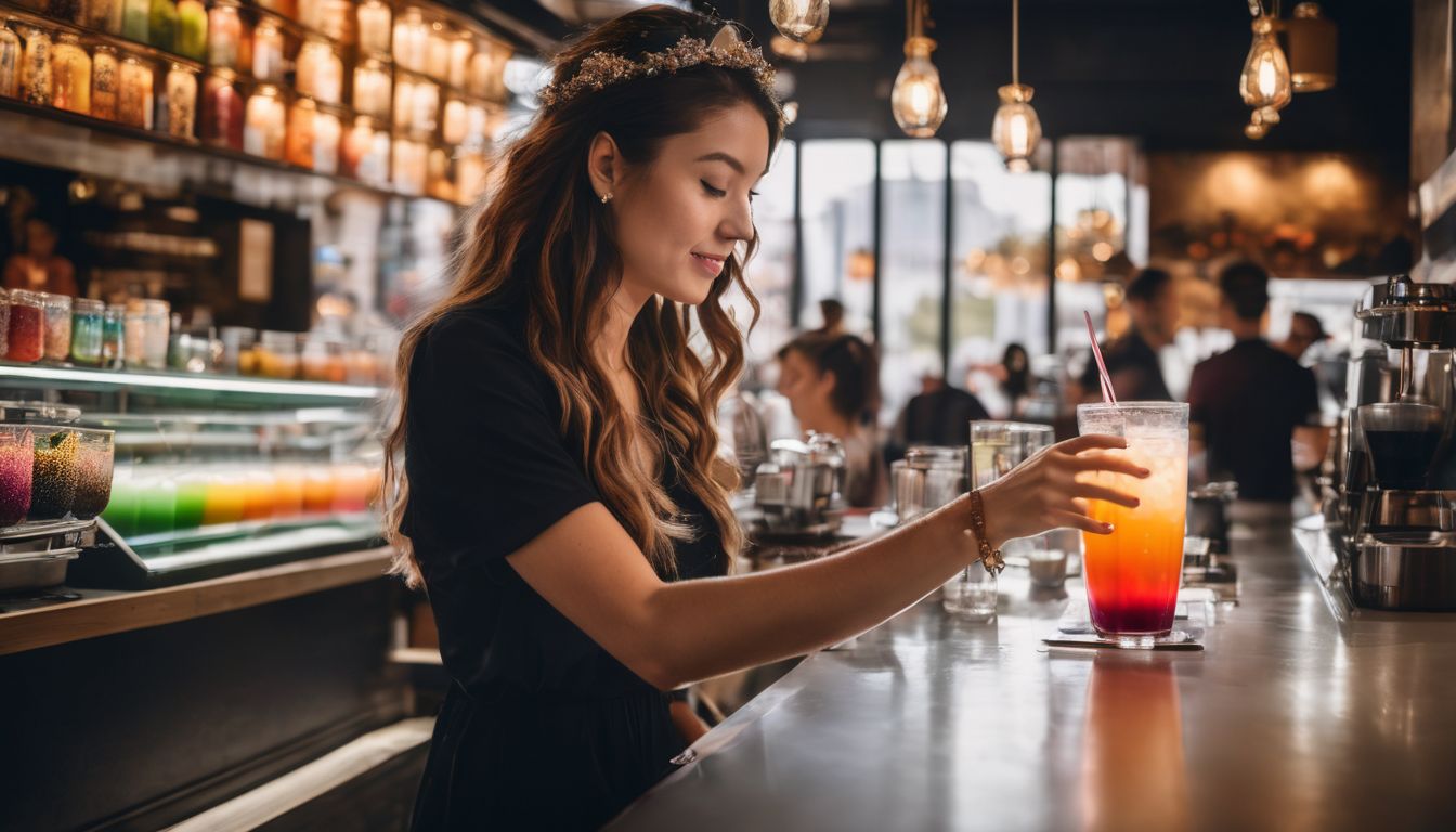 A person preparing colorful crystal boba drink in a bustling cafe.