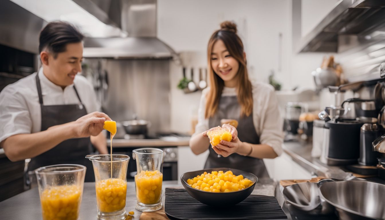 A photo of mango boba pearls being shaped and cooked in a modern kitchen.