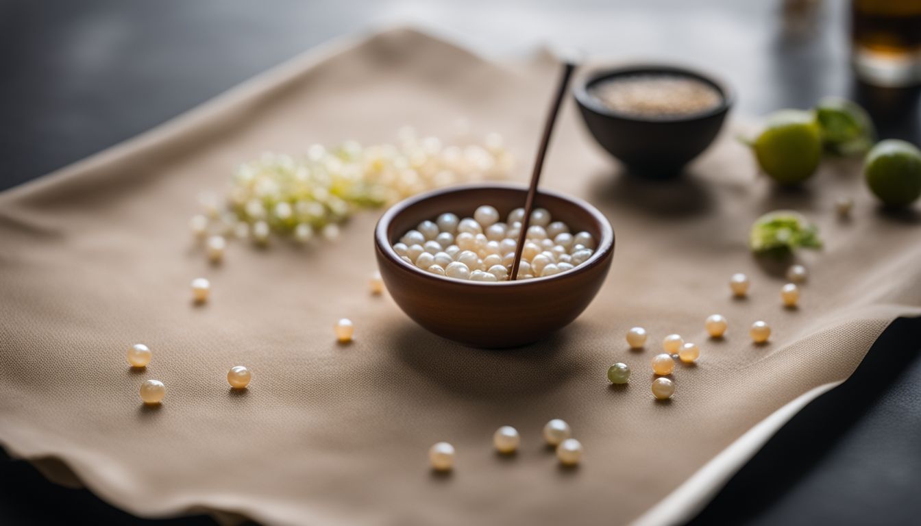 A bowl of freshly shaped boba pearls on parchment paper.