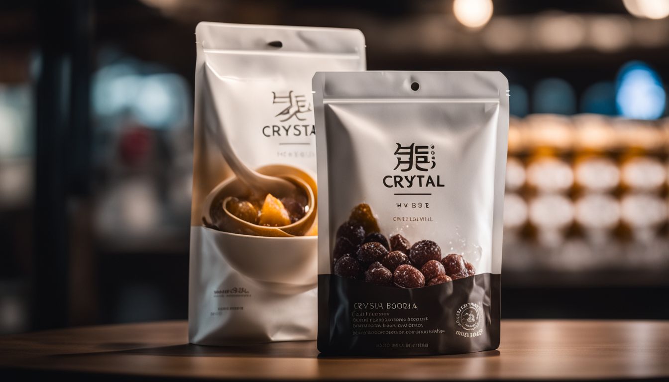 A sealed package of crystal boba on a shelf in a bustling atmosphere.