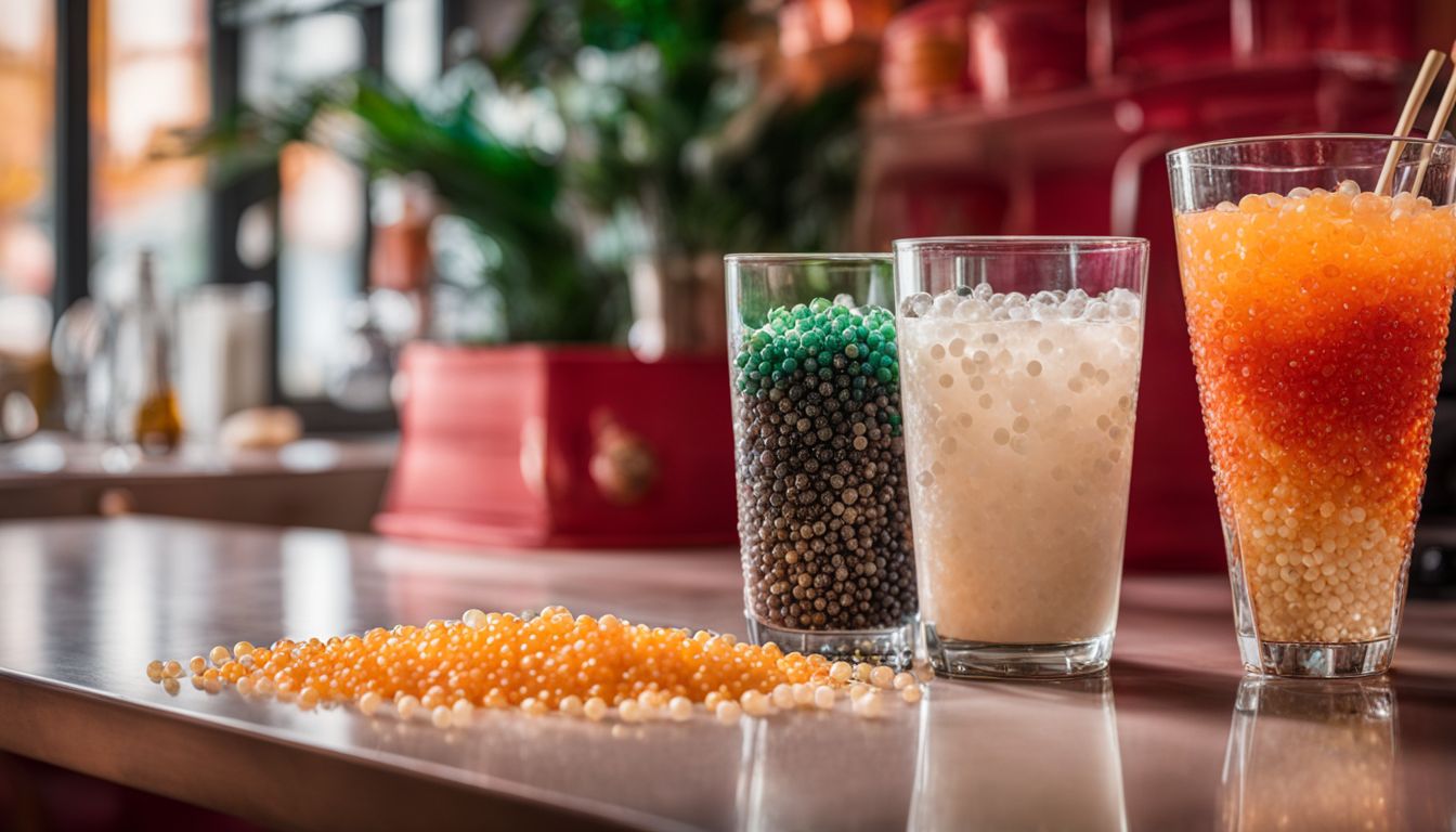 Homemade crystal and tapioca boba pearls displayed in a vibrant kitchen.