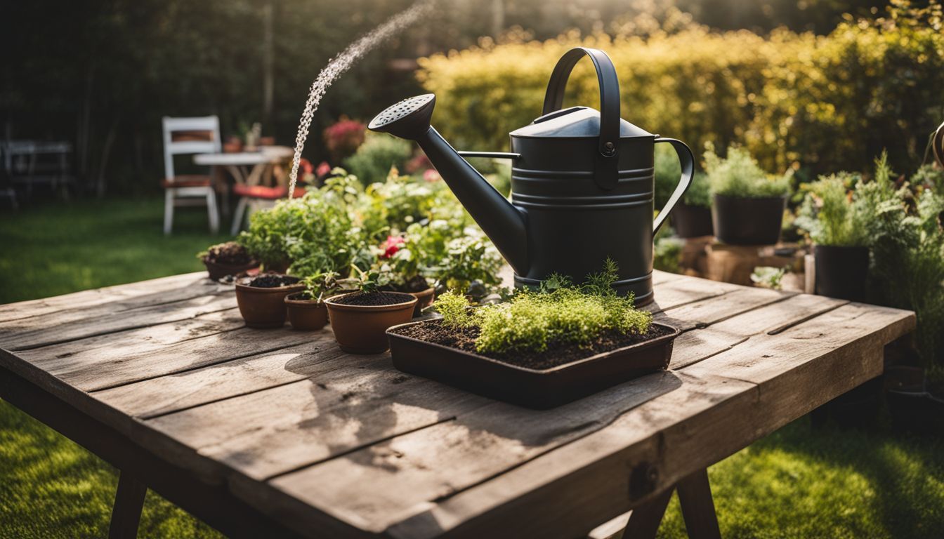 A photo of rich, loamy soil with a watering can on a garden table.