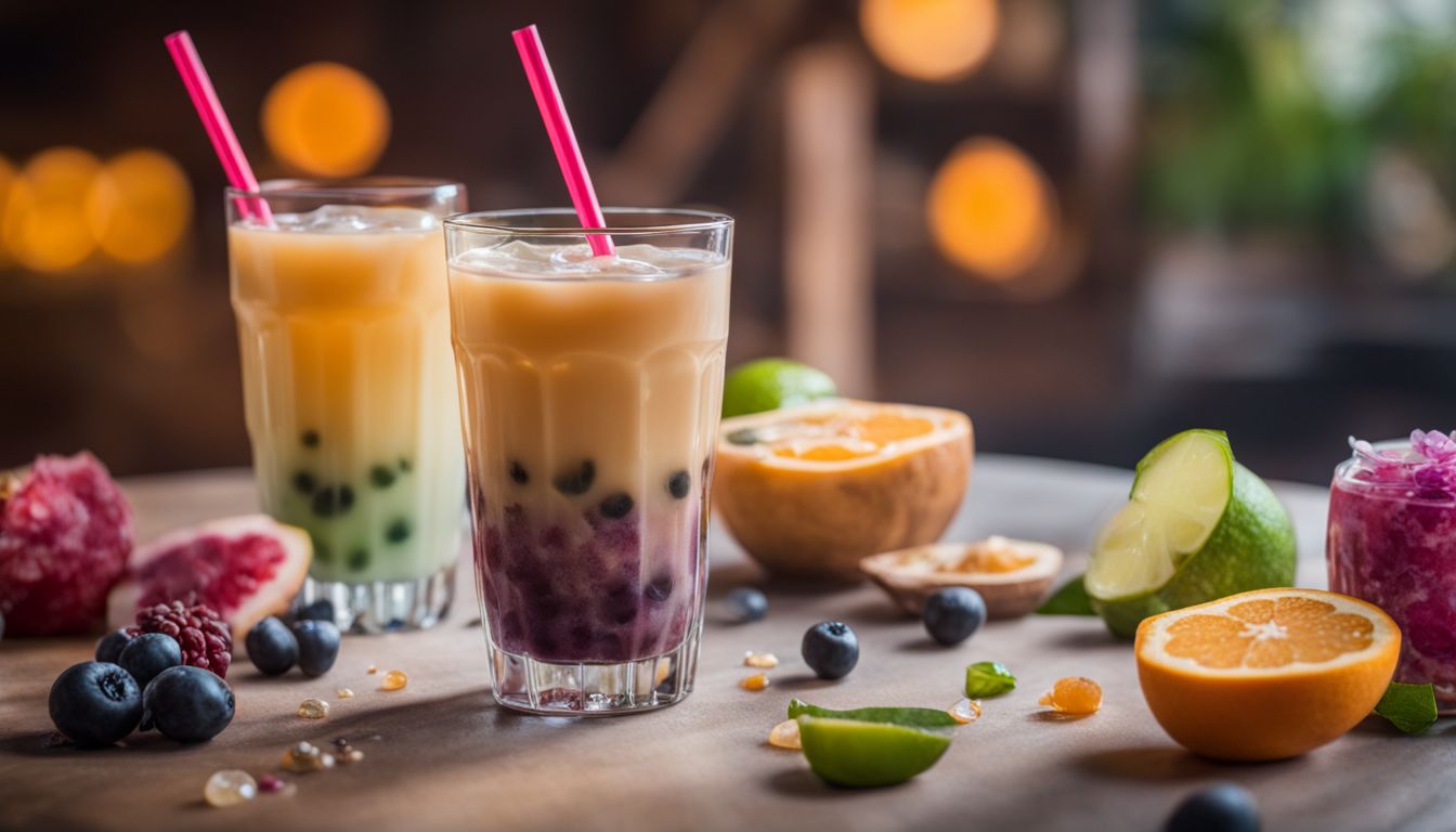 A refreshing glass of boba tea surrounded by vibrant drink ingredients.