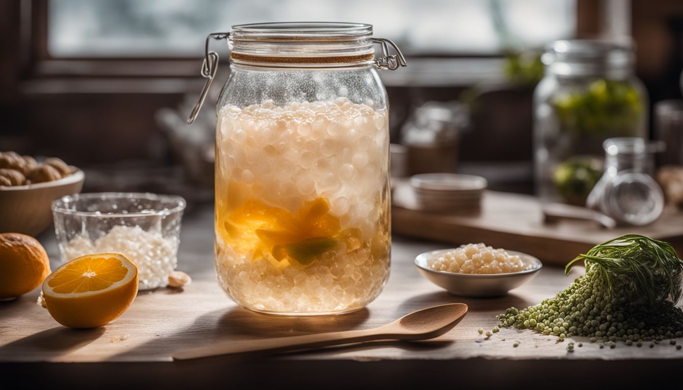 A glass of homemade crystal boba surrounded by ingredients and utensils.