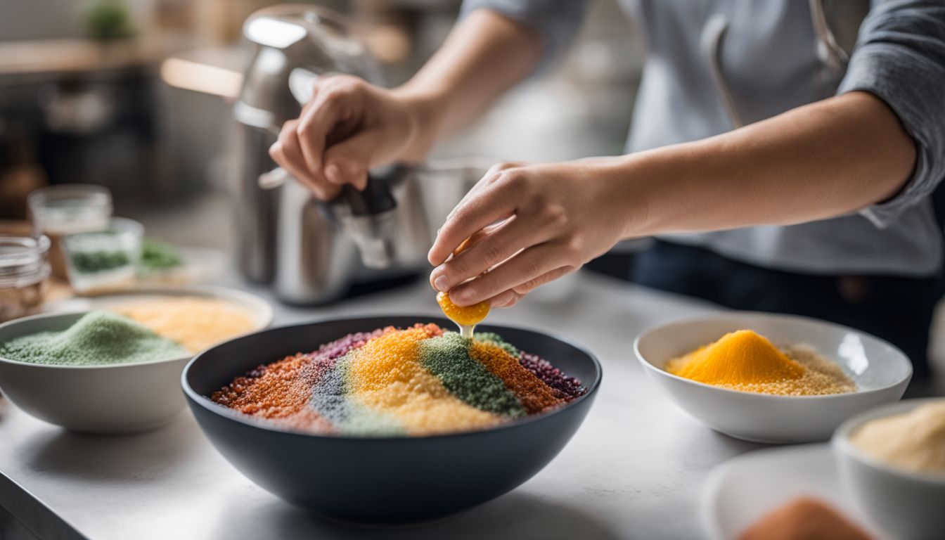 A pair of hands mixing colorful boba ingredients in a modern kitchen.