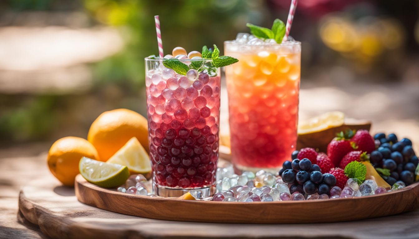 A colorful and vibrant drink with crystal boba pearls and fresh fruits.